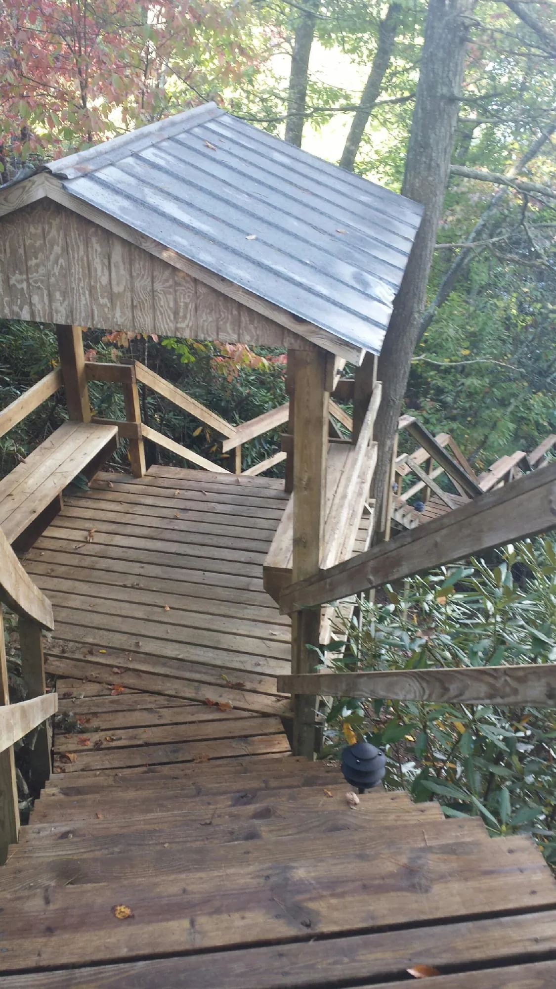 Metal roofed shelter over wooden steps on a wooded walkway — Skylight Repair & Installation work by our crew in Saxonburg